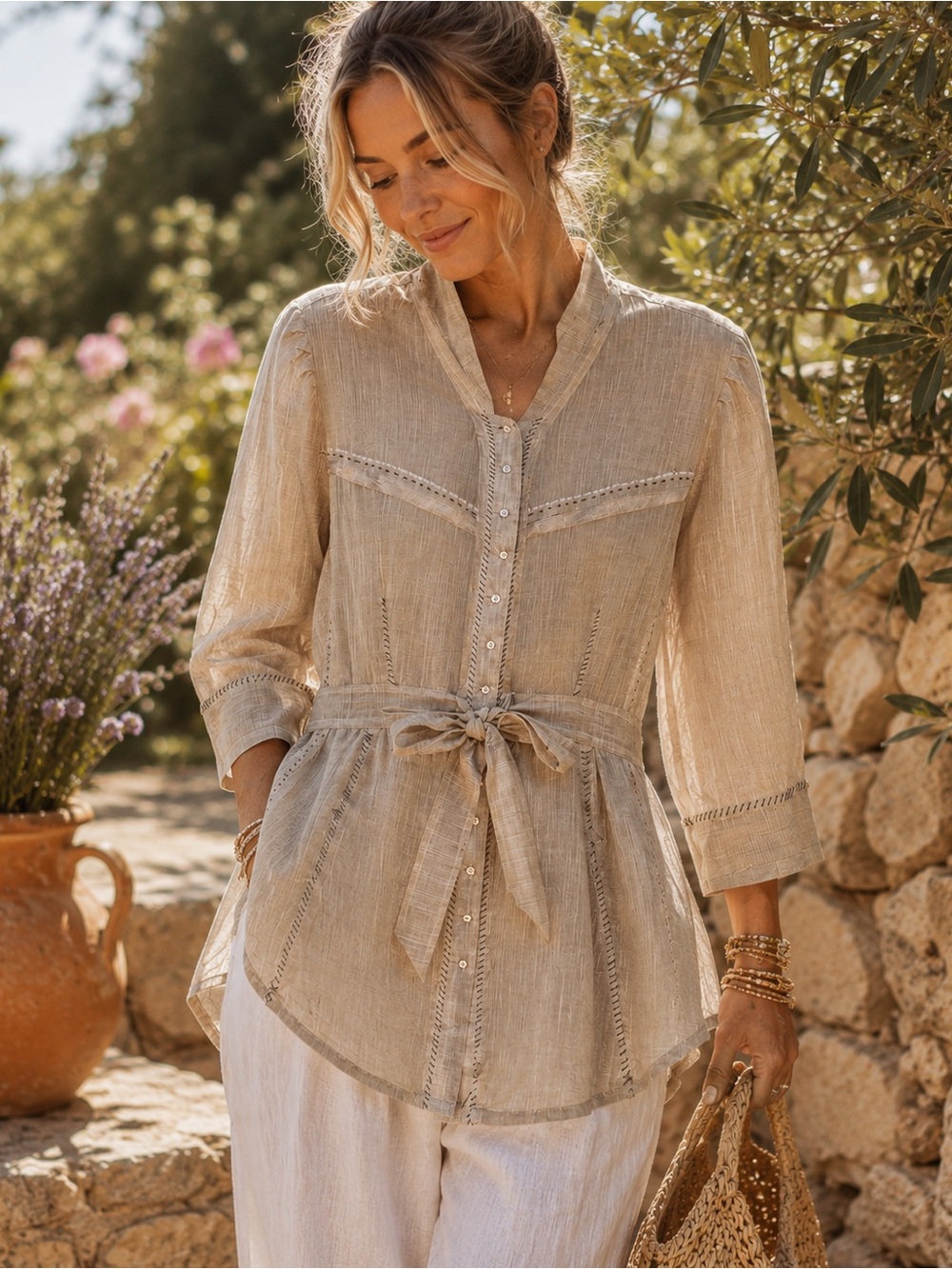 Johnny Was Pete & Greta Linen Tunic Blouse Tie Waist Boho Beige Medium